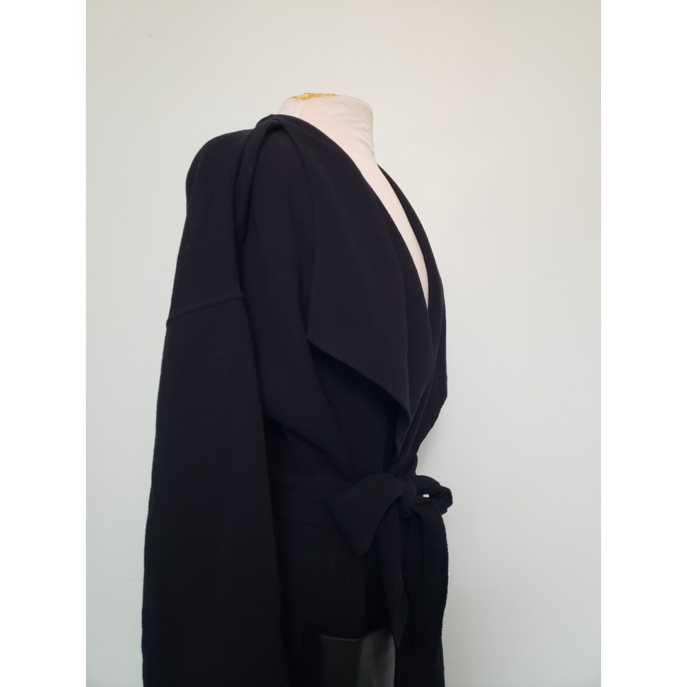Apostrophe Womens‎ 42 L 100% Wool Coat Belted Lambskin Leather Pockets Dark Navy - Picture 4 of 13